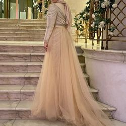 Nude Color BEADED DRESS With Over Skirt