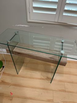 Modern Glass Console Table - Wood Beam Accent