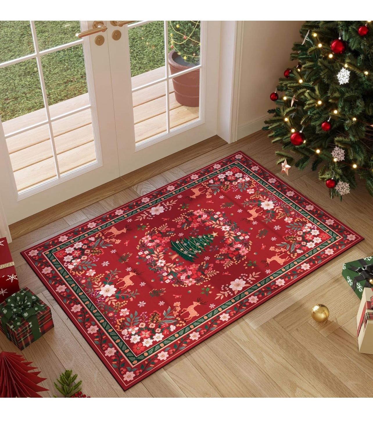 Brandnew  Christmas Door Mat 2x3 Holiday Rug Indoor Entrance Washable Xmas Rugs Small Non-Slip Thin Low Pile Red Christmas Kitchen Rugs for Entryway, 