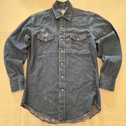 Pre Owned Fair Last 6 Photos White Bleach Marks Wrangler  VTG Blue Denim  Long Sleeve Button Shirt Pearl Button Embroidered Pockets Blue Men  Size Med