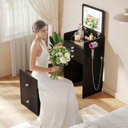3-in-1 Vanity Desk with Flip Top LED Light Mirror and Glass Desktop, Small Makeup Vanity with 3 Drawers, Compact Dressing Table with Stool for Bedroom