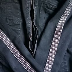 Black Jean Outfit With Rhinestones On Sleeve And Pants Leg