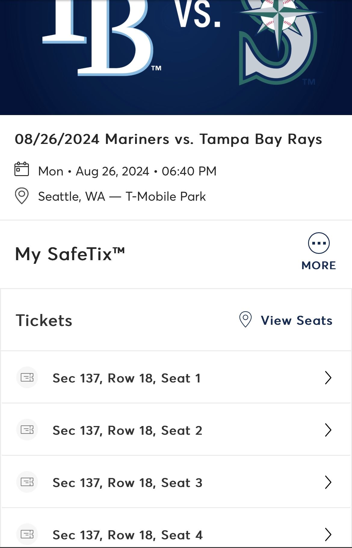 Mariners Tickets Tonight -2 Great Seats