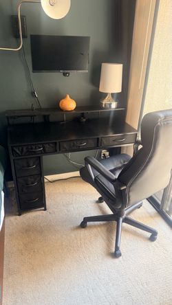 Black Computer Desk with Built-In Outlets, LED Light & Storage