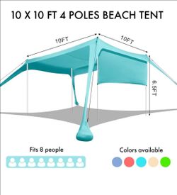 Beach Canopy Tent Shade with Sidewalls 10x10FT, 6.6FT Tall, UPF50+ Sun Shelter, Windproof & Water Resistant, Includes Guylines Sand Shovel Stability P