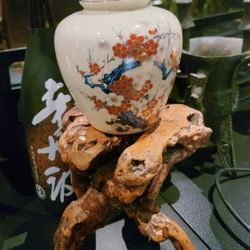 Home Decoration / Art Decoration: Vintage Japanese Cherry Blossom Vase With  Real Wood Stand