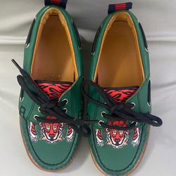 New Gucci Boy Toddler Green Leather Loafer w/Red Animal Print Size 27