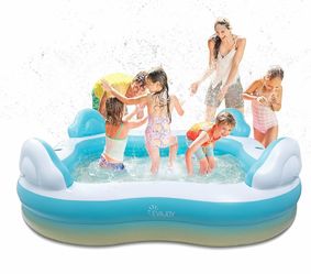 Inflatable Swimming Pool, EVAJOY Inflatable Pool for Kids, Adults, Family-Sized Above Ground Swimming Pool with 4 Seats, 4 Backrests, Cup Holders, for