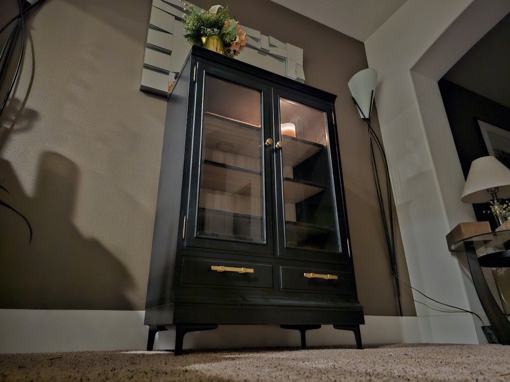 MARVELOUS Vintage Black Display Cabinet Curio Cabinet 3 Shelves 2 Drawers
