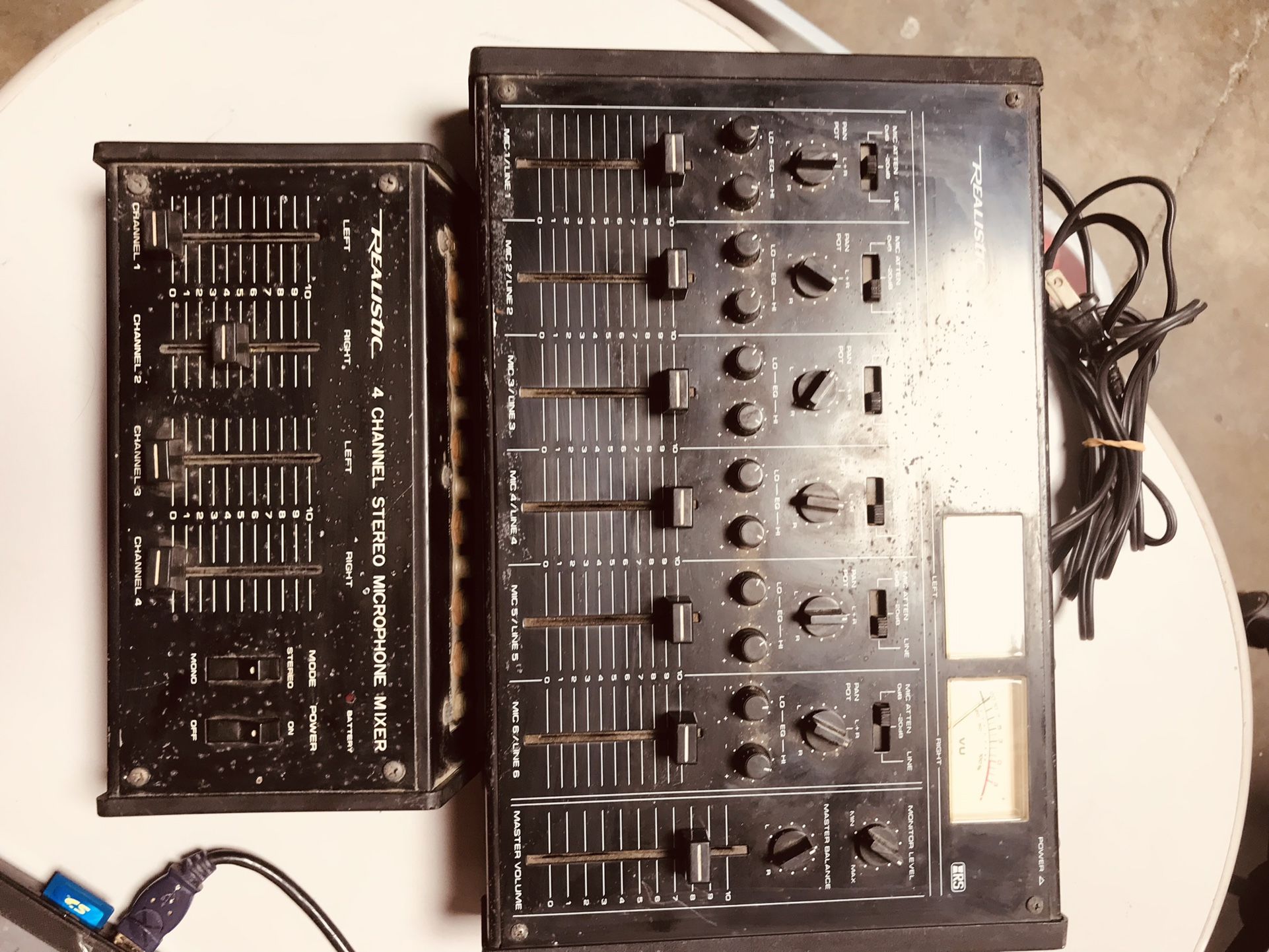 2 Realistic Stereo Audio Mixer Model 32-1210 and Realistic Radio Shack 4 Channel Stereo Microphone Mixer