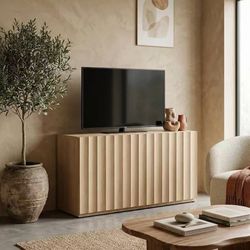 2396b $150 VividVibe 46.96” Oak Wide Fluted TV Stand with Storage for 55 50 Inch TV, 3 Doors Mid-Century Modern Large Entertainment Center Media Conso
