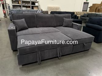 NEW Sectional Sofa with Reversible STORAGE Chaise and Pullout Sleeper Bed Left or Right Chaise Cup holder USB Port Ashley Style Dark Grey Fabric SALE
