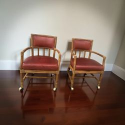 Vintage Rattan Rolling Armchairs with Red Leather – Set of 2