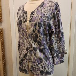 Willi Smith Women's XL Button Up Cardigan – 3/4 Sleeve, Purple & Grey Spotted