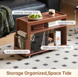 Rolling Side Table with Storage and Magazine Rack