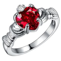 BRAND NEW IN PACKAGE STERLING SILVER LADIES CLADDAGH RED GARNET BIRTHSTONE CROWN CZ DIAMOND ACCENT ENGAGEMENT RING SZ 7