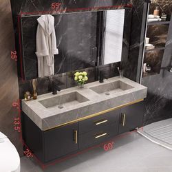 60" Sintered Stone Double Sink Floating Bathroom Vanity Black and Gray w/ Medicine Cabinet & Faucet