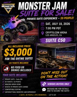 🔥 Monster Jam Private Suite C50 – 20 Tickets Included – https://offerup.co/faYXKzQFnY?$deeplink_path=/redirect/ Arena – July 18