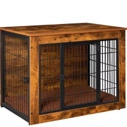 Dog Crate Furniture with Thick Cushion, Side End Table Wooden Dog Cage with Double Doors 