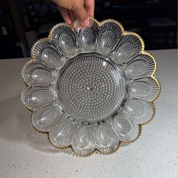 Vintage 16 Egg Deviled Egg Plate Glass Gold Rim 11”