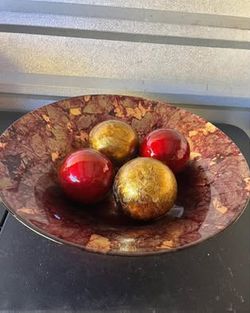 Large Burgundy And Gold Decorative Glass Bowl