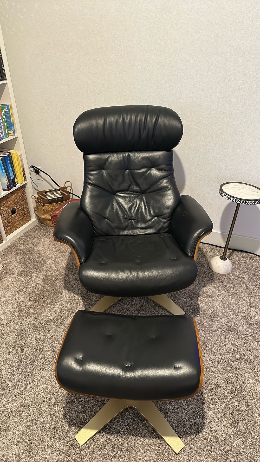 Classic European Lounge Chair With Ottoman, Genuine Full Grain Leather Accent Chair, Mid-century Modern Designer Recliner For Luxury Living Room