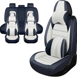 Luxury Car Seat Covers for Toyota Venza 2009-2025,Waterproof Soft Breathable PU Leather Seat Cover with Storage Pockets(Blue&White,Full Set with Pillo