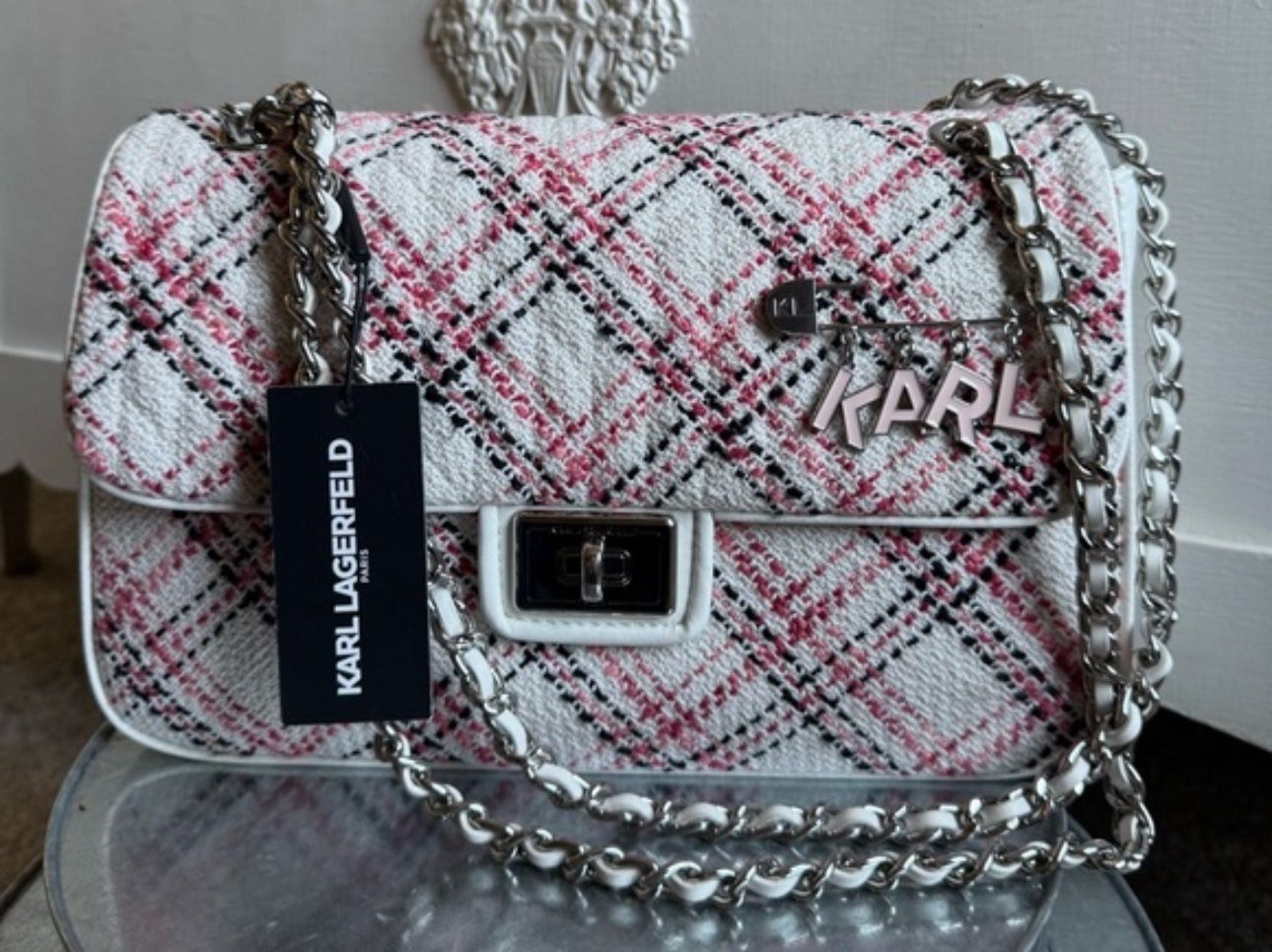 Karl Lagerfeld Agyness Pink and White Tweed Shoulder Bag