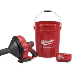 Milwaukee M12 12-V Lithium-lon Cordless Drain Snake Auger W/ (1) 1.5Ah   Battery, 5/16 in. x 25 ft. Cable, Charger, & 5 Gal. Bucket