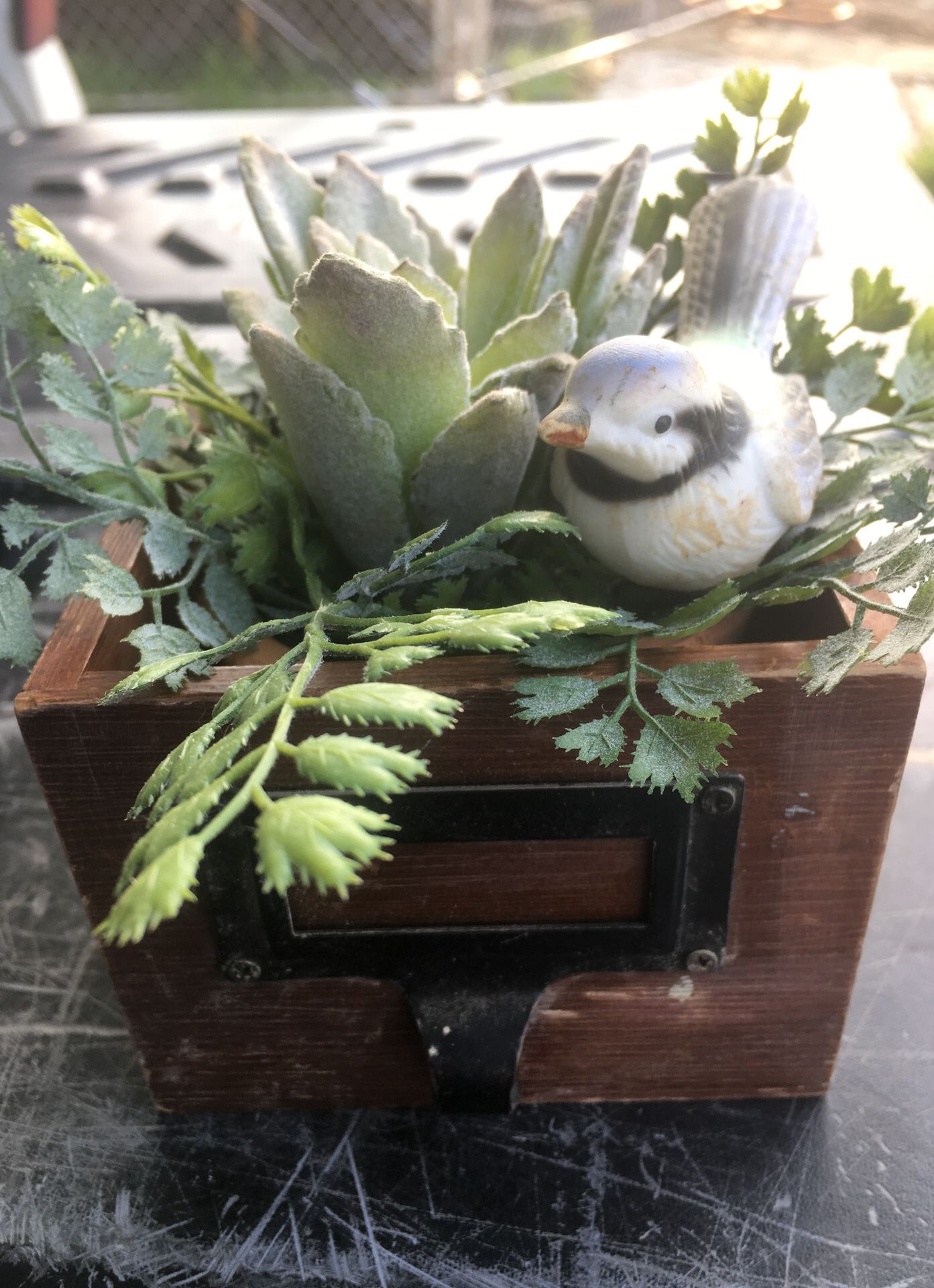 4”x3” wooden drawer with artificial plant and succulent in cute little file drawer