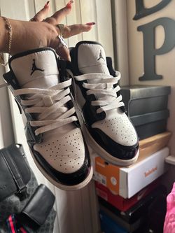 Air Jordan 1 Mid White Black Patent Sneakers