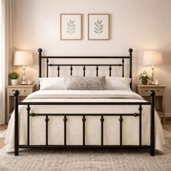 Queen bed Metal Platform Bed Frame with Victorian Style Wrought Iron-Art Headboard/Footboard, No Box Spring Required, Black