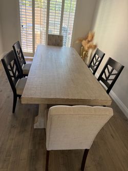Whitewash Trestle Dining Table Set with 6 Chairs