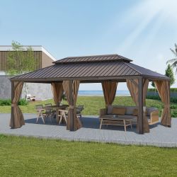 12 x 20 Hardtop Metal Gazebo, Heavy Duty Pergola with Mosquito Nets & Galvanized Steel