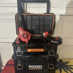 Miliawakee Blower , Impact Drill And 5.0 Battery.  2 Ridgid Tool Boxes