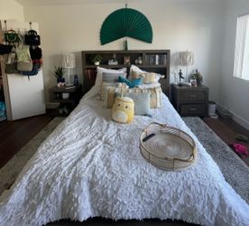Mathis Brothers bookshelf queen bed frame and 2 nightstands