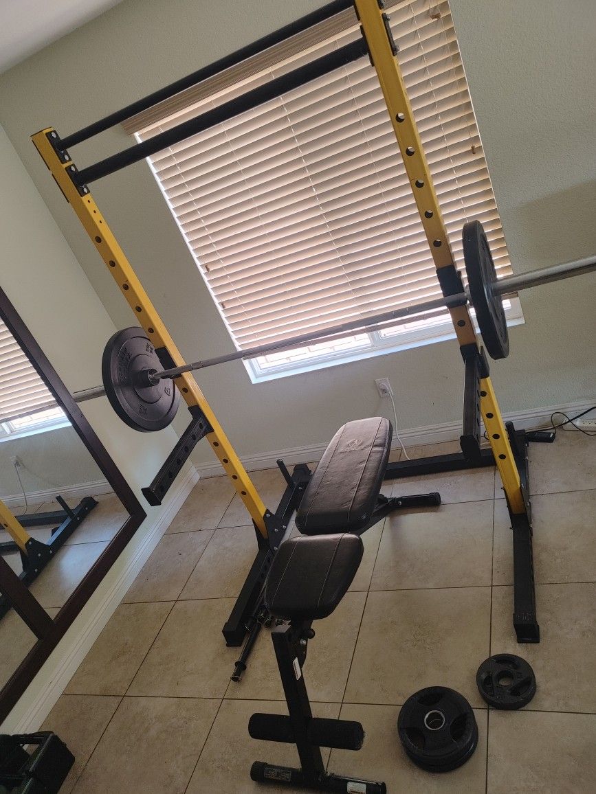 Squat Rack, Barbell, Bench, and Weights
