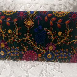 Indian Hand Embroidered Clutch Hand Bag - Green Color  