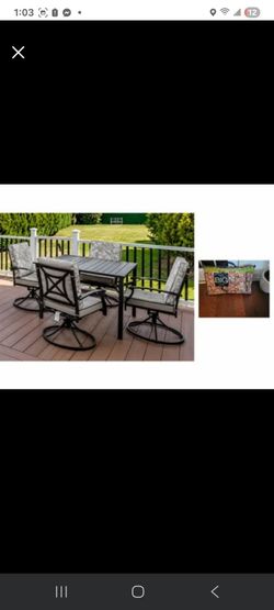 Better Homes & Gardens  5 pc outdoor dining  patio set (table, chairs) w/ cushions & new pillows ,