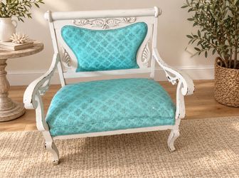 Vintage Carved Wood Accent Chair Turquoise Upholstery