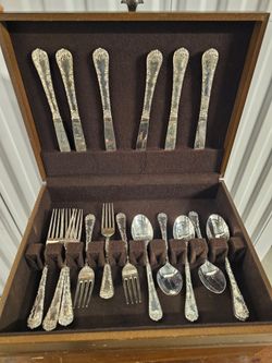 Silver Flatware Set with Floral Handles in Wood Case