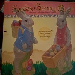 VTG Style Easter Bunny Pair Delivering Eggs Figures Plaster/Ceramic 16" Complete