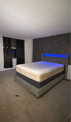 Queen Gray Upholstered Bed Frame with Built-In LED Lights