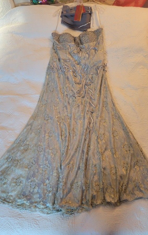 May Queen Silver Beaded Evening Gown