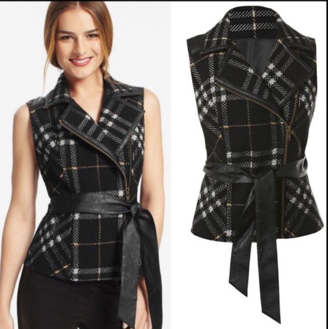 CAbi grid vest plaid moto zip faux leather vest women Size Medium 