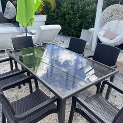 Outdoor Patio Tempered Frosted Glass NEW Table With 6 Outdoor Patio Stackable NEW Chairs 