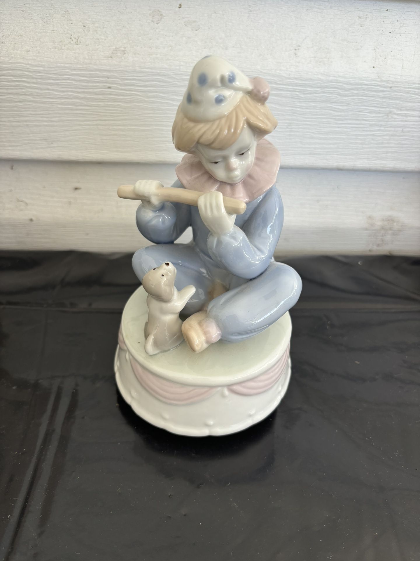 Vintage Meico Porcelain Clown Boy With Puppy Playing Flute Music Box