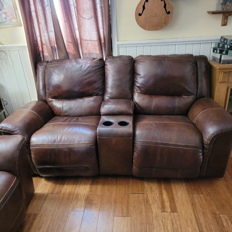 Brown Genuine Leather Reclining Sofa With Center Power Console