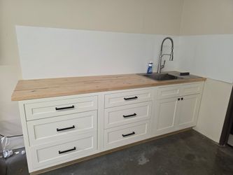 White Shaker Base Cabinet Set with Butcher Block Countertop and Sink
