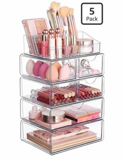 Vtopmart 5 Tier Clear Makeup Organizer with Drawer, Cosmetic Storage for Dresser Countertop and Bathroom Vanity, Beauty Holder for Lipstick Brush Skin